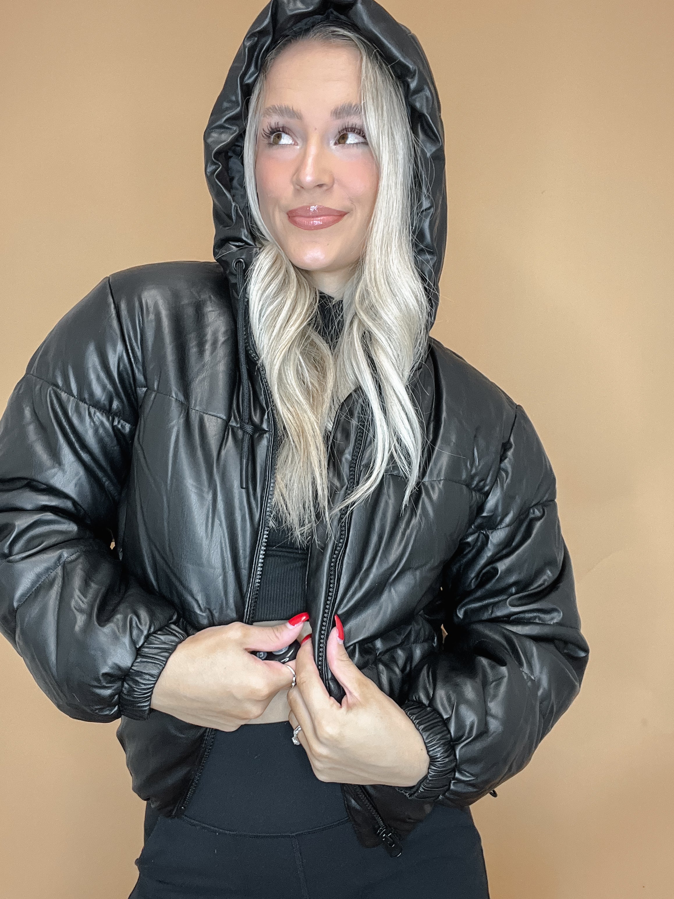 Hooded leather online puffer jacket